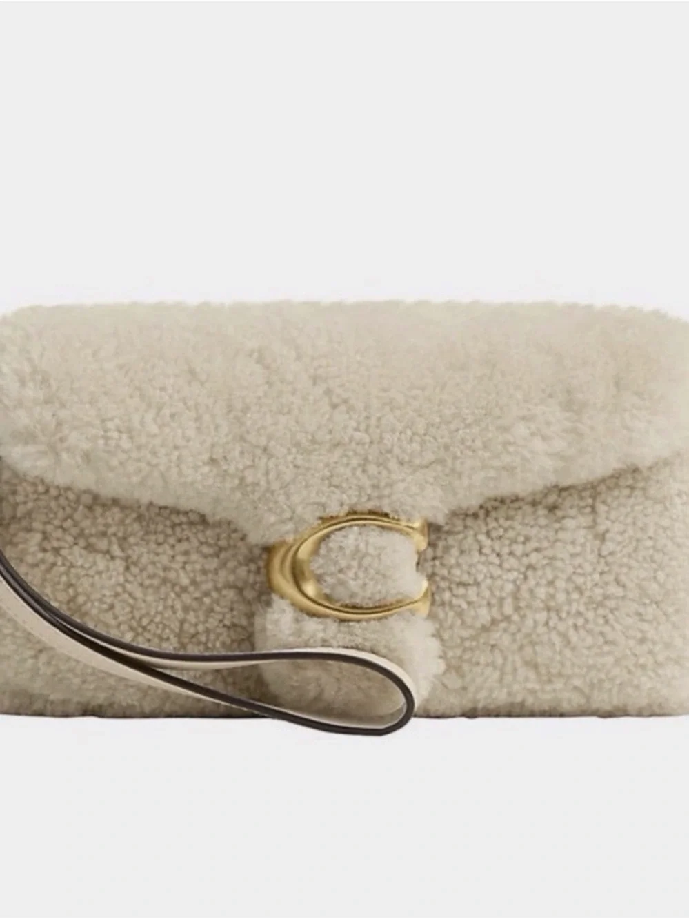 Coach Cream Shearling tabby chain crossbody 19 wristlet in shearling brass beige